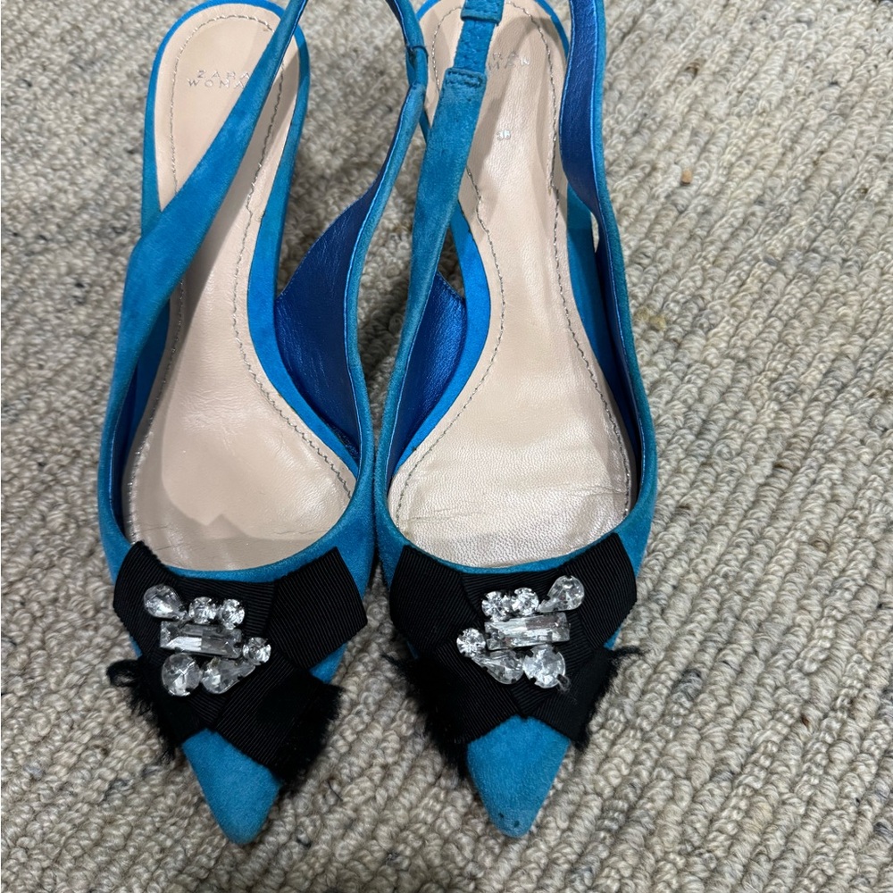Blue Slingback Heels with Crystal Embellishment